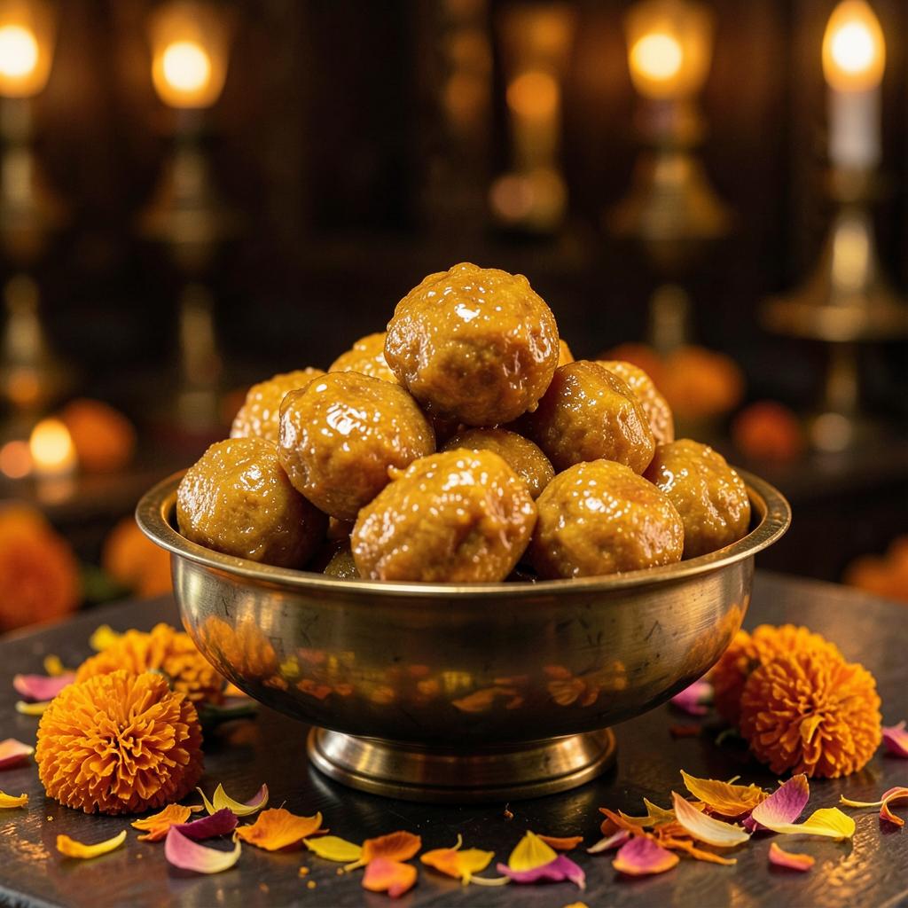 Golden laddus in a brass bowl surrounded by marigold petals